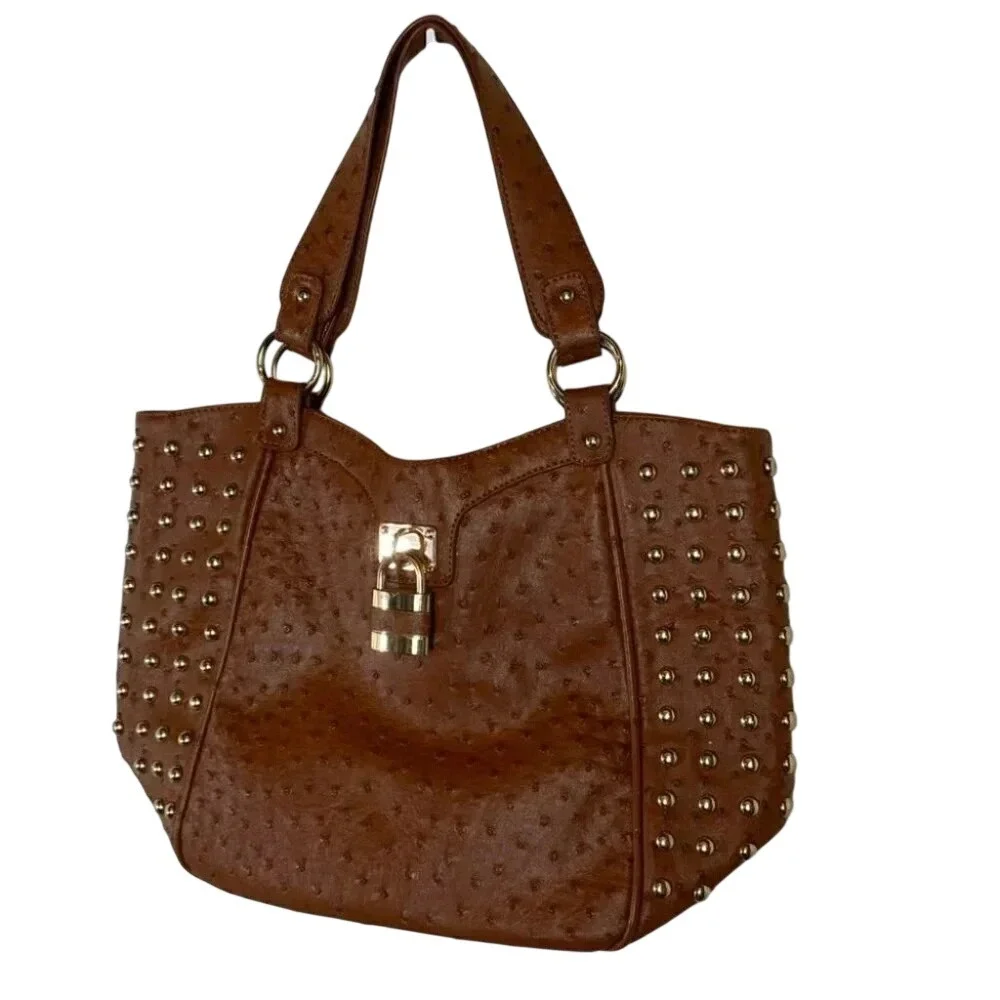 Expressions NYC Tote Bag Large‎ Brown Ostrich Embossed Studded Padlock Accent
